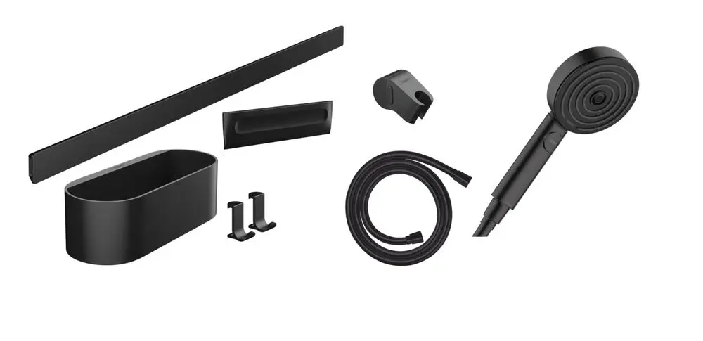 Schwarzes Montagezubehör von Hansgrohe, inklusive Handbrause, Wandstange, Halterungen und Schlauch, zur Installation von Duschsystemen.